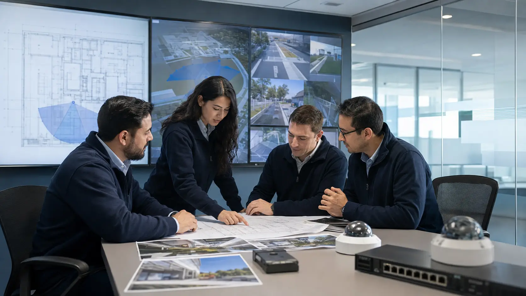 Especialistas analizando proyectos y contenidos de seguridad electrónica